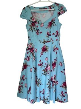Hearts & Roses Blue Floral Fit-and-Flare Midi Dress with Pink Rose Print